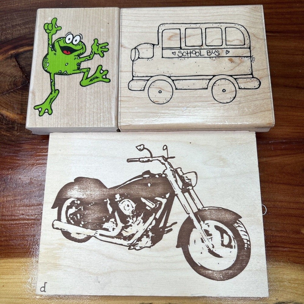 Lot Of 3 Crafting Stamps Happy frog, School Bus And Harley Davidson Motorcycle